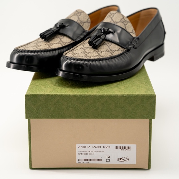 size 13G / 13.5 US Gucci Tassel GG Supreme Black Beige Loafers Moccasins Leather main image 10